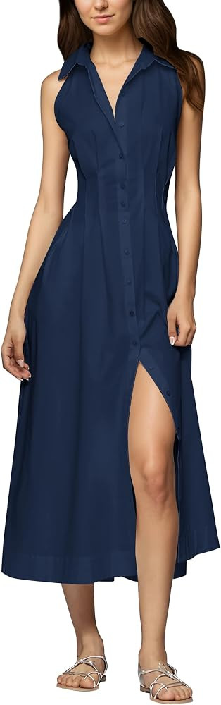 Lauweion Womens Button Down Striped Shirt Maxi Dress Slim Fitted Cinched Waist Summer Sleeveless ... | Amazon (US)