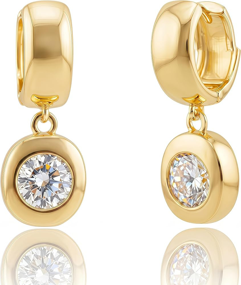 Trendy 14K Gold Plated Earrings for Women, Chunky Lightweight Dangle Hoop Earrings with Cubic Zir... | Amazon (US)