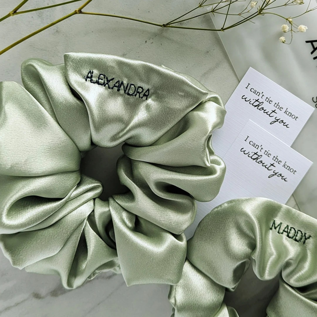 Custom Sage Green Satin Scrunchie Will You Be My Bridesmaid Gifts Bachelorette & Bridal Shower Sc... | Etsy (US)