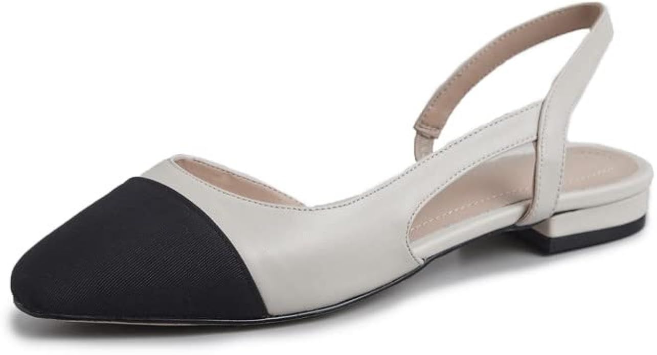 100% Genuine Leather Pointed Toe Slip-on Women Sandals Block Heel with Low Heel Comfortable Handm... | Amazon (US)