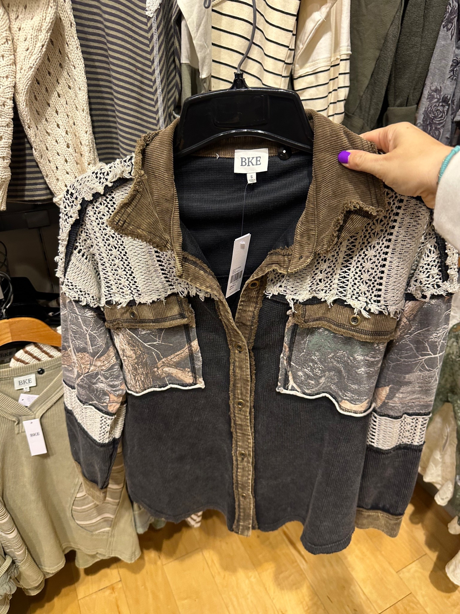 Love this oversized multi print & fabric shacket! The camo is so cute! Priced at $69! Comes in sizes XS-XL

#LTKMidsize #LTKFindsUnder100