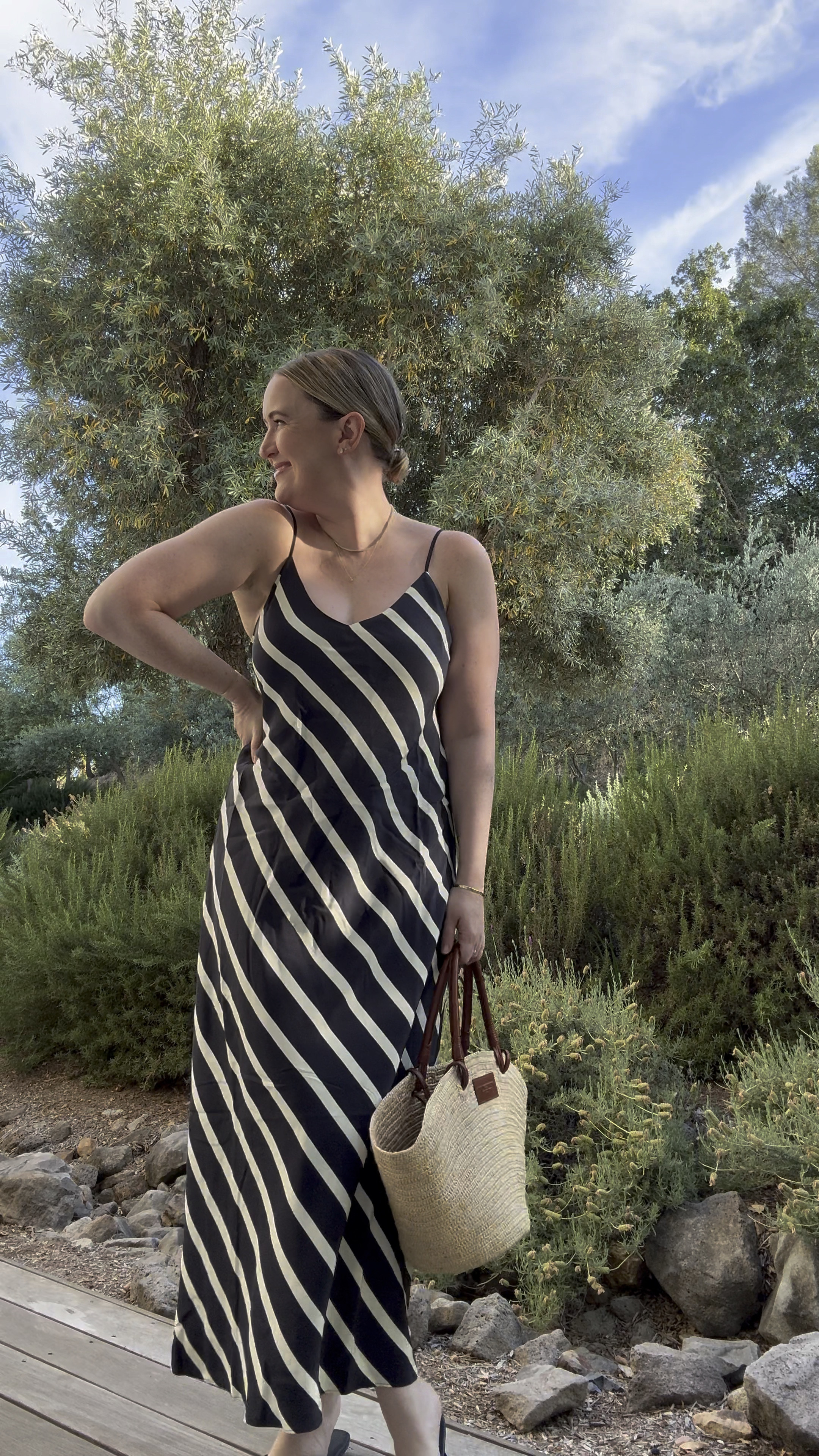 La ligne slip dress (sized up to a L)
Striped dress
Vacation dress
Sézane basket bag
Summer outfit 

#LTKSeasonal