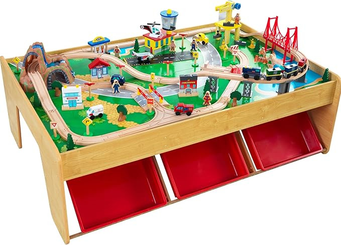 KidKraft Waterfall Mountain Wooden Train Set & Table with 120 Pieces, 3 Storage Bins | Amazon (US)