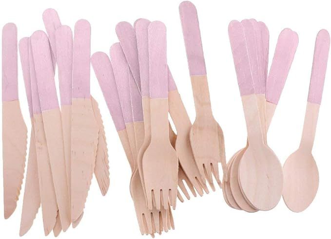 24pcs Disposable Wooden Cutlery Fork Spoon Knife for Home Party BBQ Tableware Cutlery Set - Pink | Amazon (US)