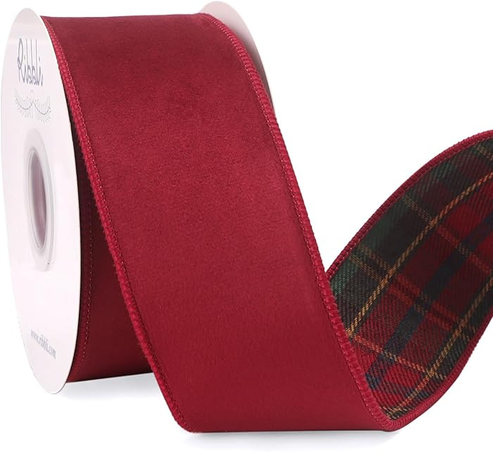 Ribbli Dark Red Velvet Wired Ribbon with Red GreenTartan Plaid Reversible 2.5 Inch Christmas Ribb... | Amazon (US)
