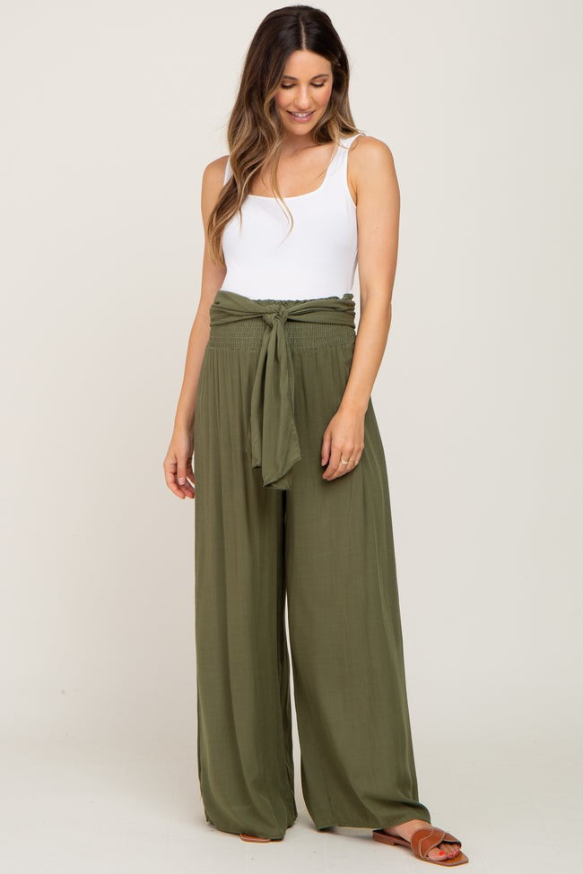 Olive High Waist Tie Front Wide Maternity Pants | PinkBlush Maternity