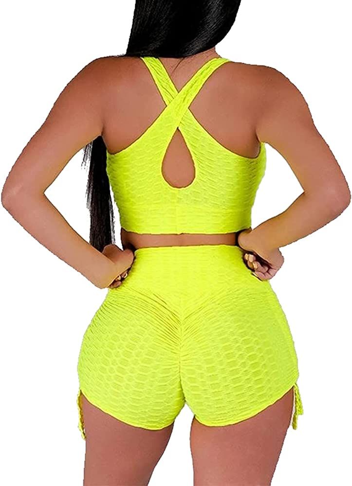 Ekaliy Women's Textured Two Piece Outfits Tracksuits Sports Bra Drawstring Ruched Shorts Pants Set G | Amazon (US)