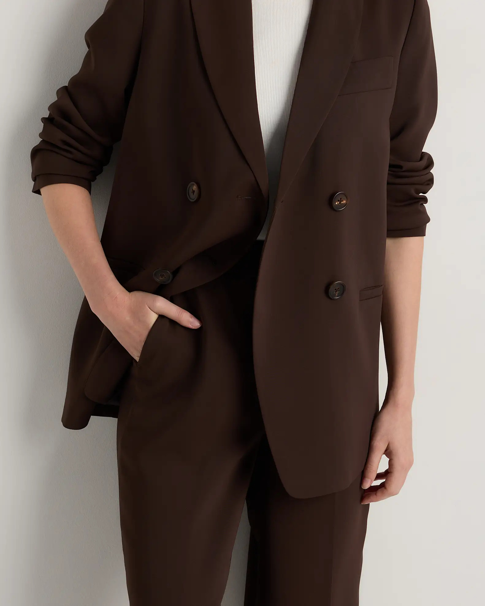 Stretch Crepe Relaxed Double-Breasted Blazer in Coffee Bean Brown | Quince
