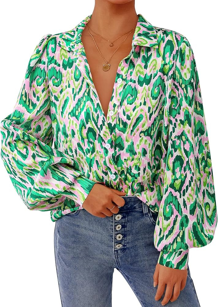 PRETTYGARDEN Women's Floral Blouses Dressy Casual V Neck Button Down Shirts Lantern Long Sleeve B... | Amazon (US)