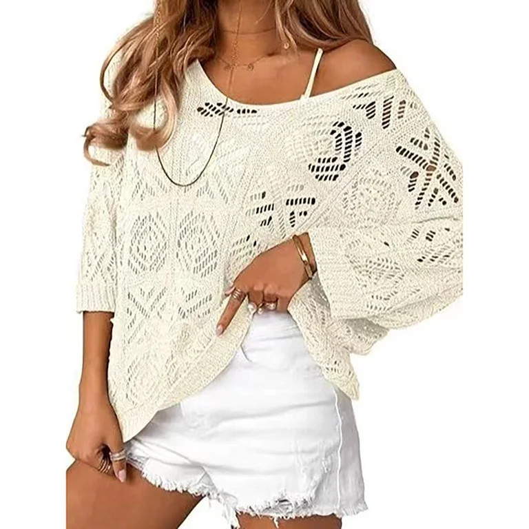 Rhuody Summer Tops For Womens Crochet Knit Loose Fit Lace Yoke Short Sleeve Pullover T Shirt Spri... | Walmart (US)