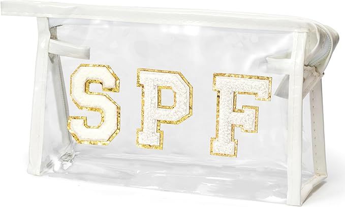 Preppy Patch Cosmetic Bag - Summer SPF White Varsity Letter Clear Toiletry Bag Aesthetic Waterpro... | Amazon (US)