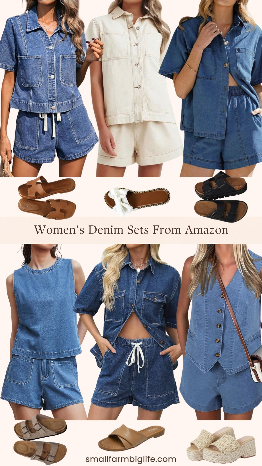 Denim sets and sandals from Amazon and this combination is giving all the best summer vibes 🌿👡 I rounded up the most stylish denim two piece sets: a button front vest and shorts set, a tank top and shorts set, a cropped button front shirt and drawstring shorts set, a cream button front shirt and shorts set, a dark blue button down shirt and high waist shorts set, and a button front shirt and elastic waist shorts set. All so cute and so easy to style for summer days, vacation, and everything in between. And the sandals to go with them are everything! From natural platform espadrille slip ons, tan dressy flat slides, tan genuine leather double buckle cork footbed flat sandals, black genuine leather double buckle cork footbed platform sandals, white bow knot open toe flat slides, and tan genuine leather flat slides. Denim sets plus cork sandals is the summer outfit formula and Amazon is delivering on both right now at such great prices. Everything is linked! 🛒 

 #LTKgrwm #LTKootd #LTKOver40