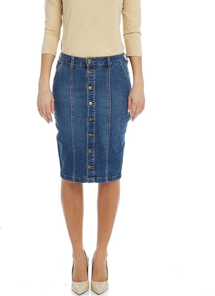 Women's Denim Pencil Skirt - Button Down Stretch Jean - Montreal | Amazon (US)