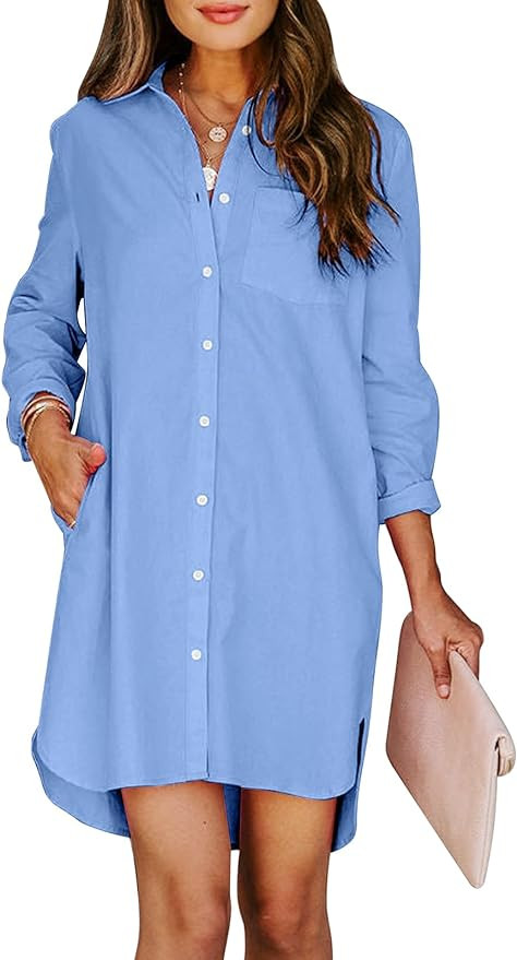 Womens Button Down Shirt Dresses with Pockets Cotton Button Up Tunics Long Sleeve Solid High Low ... | Amazon (US)