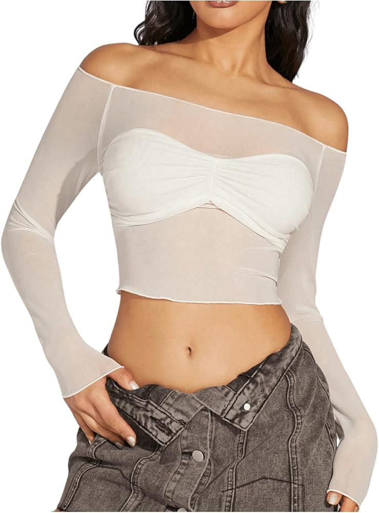 GORGLITTER Women's Off The Shoulder Mesh Long Sleeve Top Sheer Top Sexy Crop Tshirt | Amazon (US)