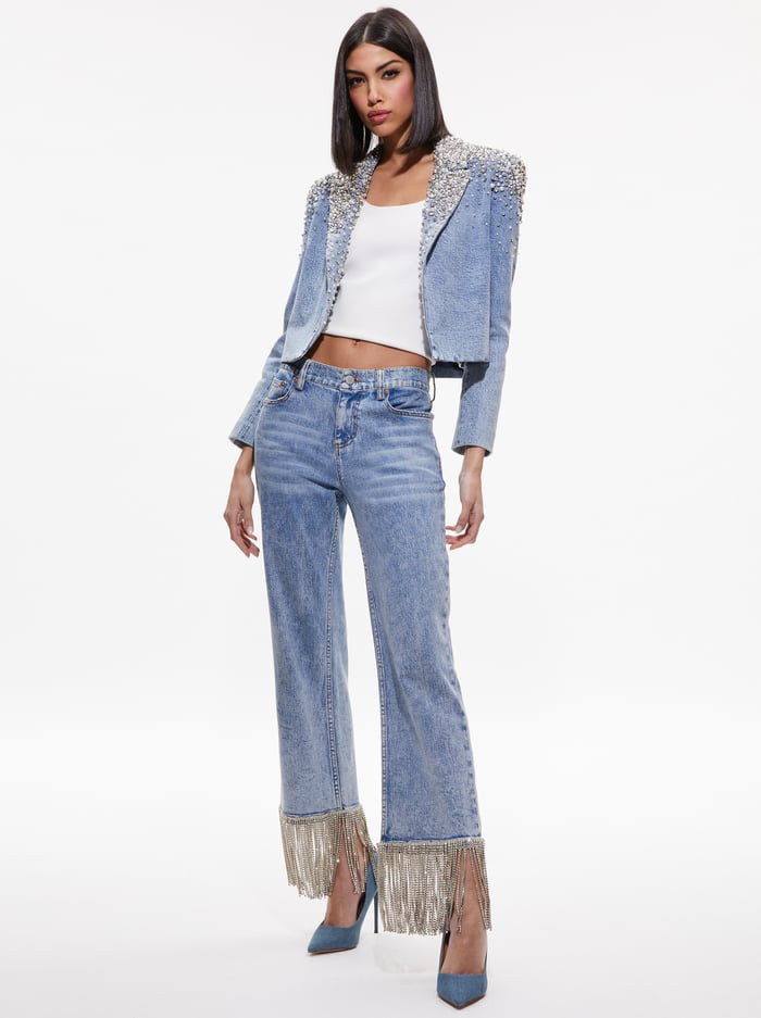 IVAN CRYSTAL EMBELLISHED CROPPED DENIM BLAZER | Alice + Olivia