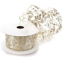 2 1/2"" Wired Glitter Swirl Leaves Sheer Ivory/Gold - Choose Length | Etsy (US)