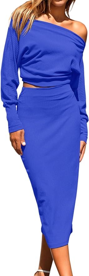 MASCOMODA 2023 Long Sleeve Midi Skirt Sets Women 2 Piece Outfits Off Shoulder Top Bodycon Ribbed ... | Amazon (US)