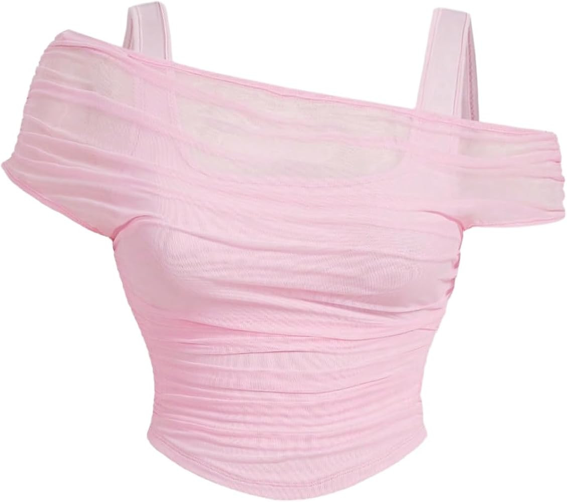 WDIRARA Women's Plus Size 2 in 1 Off Shoulder Tops Tie Dye Sheer Mesh Asymmetrical Short Sleeve T... | Amazon (US)