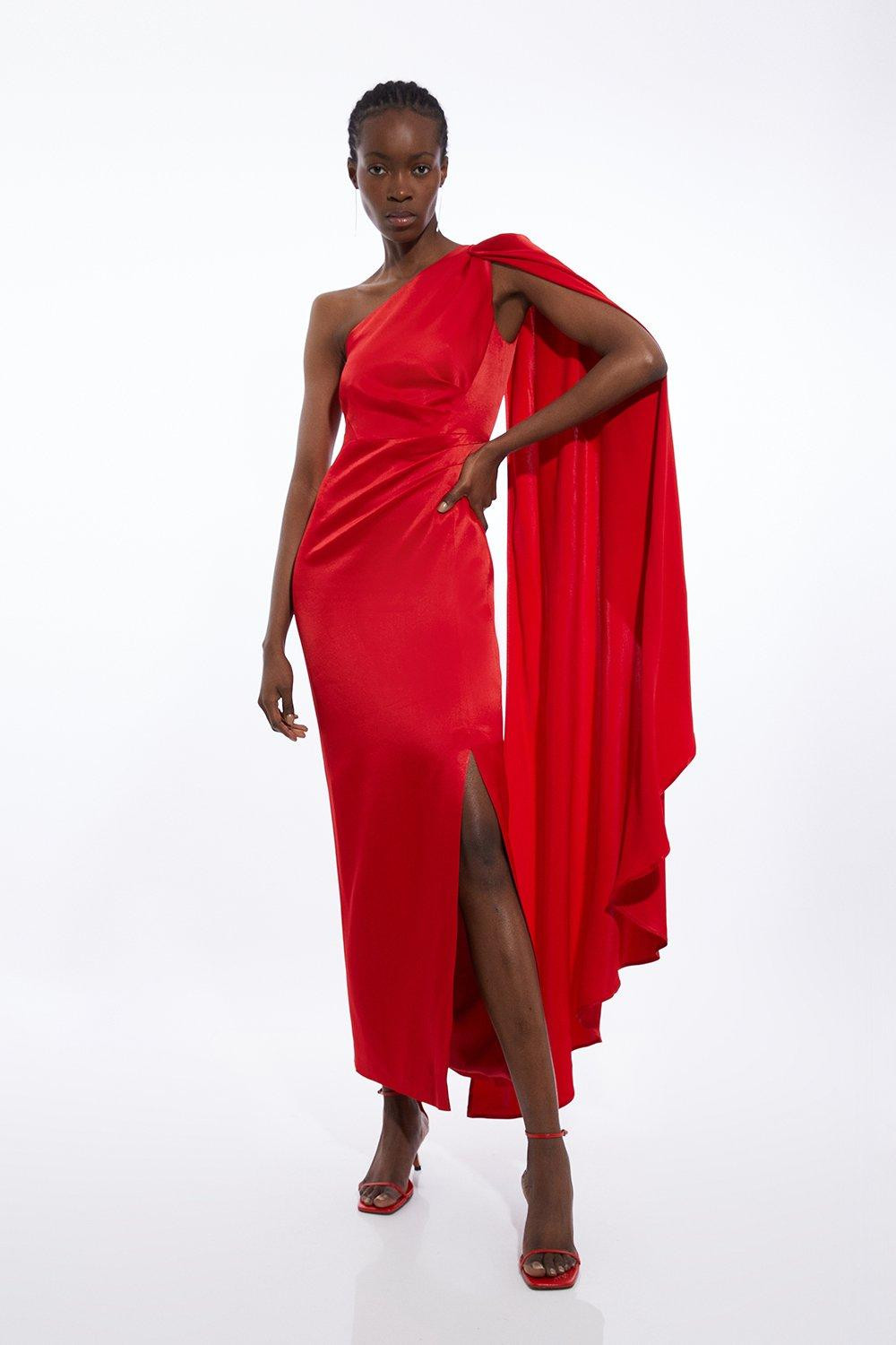 Satin Back Crepe One Shoulder Drape Sleeve Maxi Dress | Karen Millen UK + IE + DE + NL