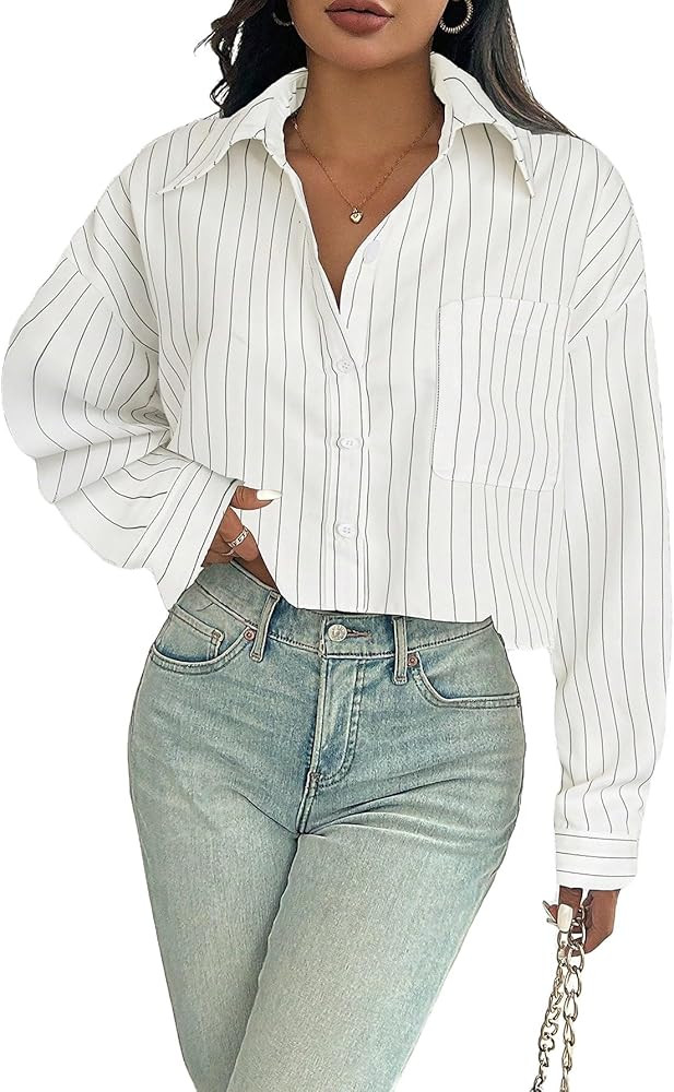 WDIRARA Women's Long Sleeve Crop Blouse Collared Button Down Shirts with Chest Pocket | Amazon (US)