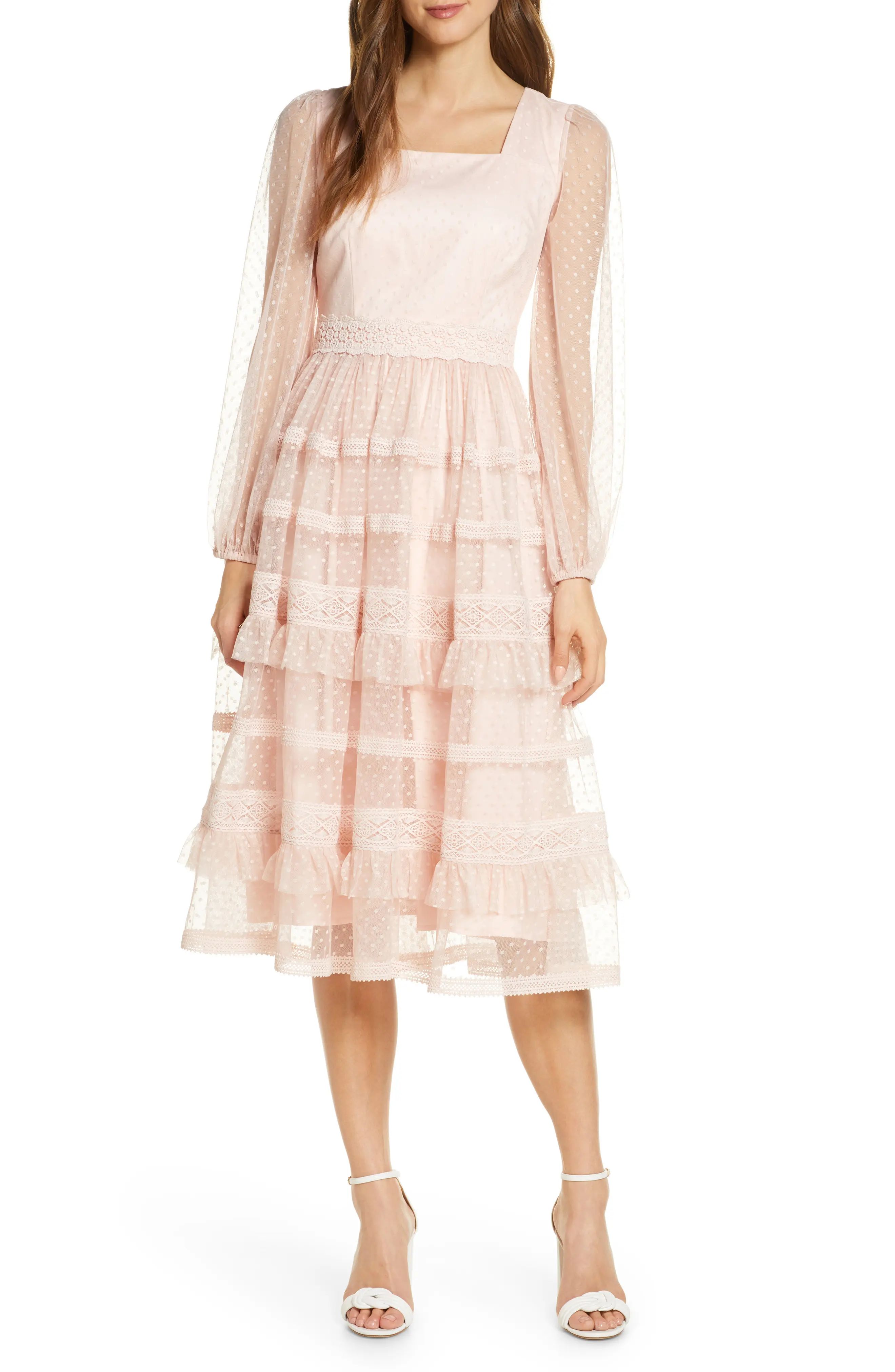 Women's Rachel Parcell Tiered Ruffle Long Sleeve Lace Midi Dress, Size X-Large - Pink (Nordstrom Exc | Nordstrom