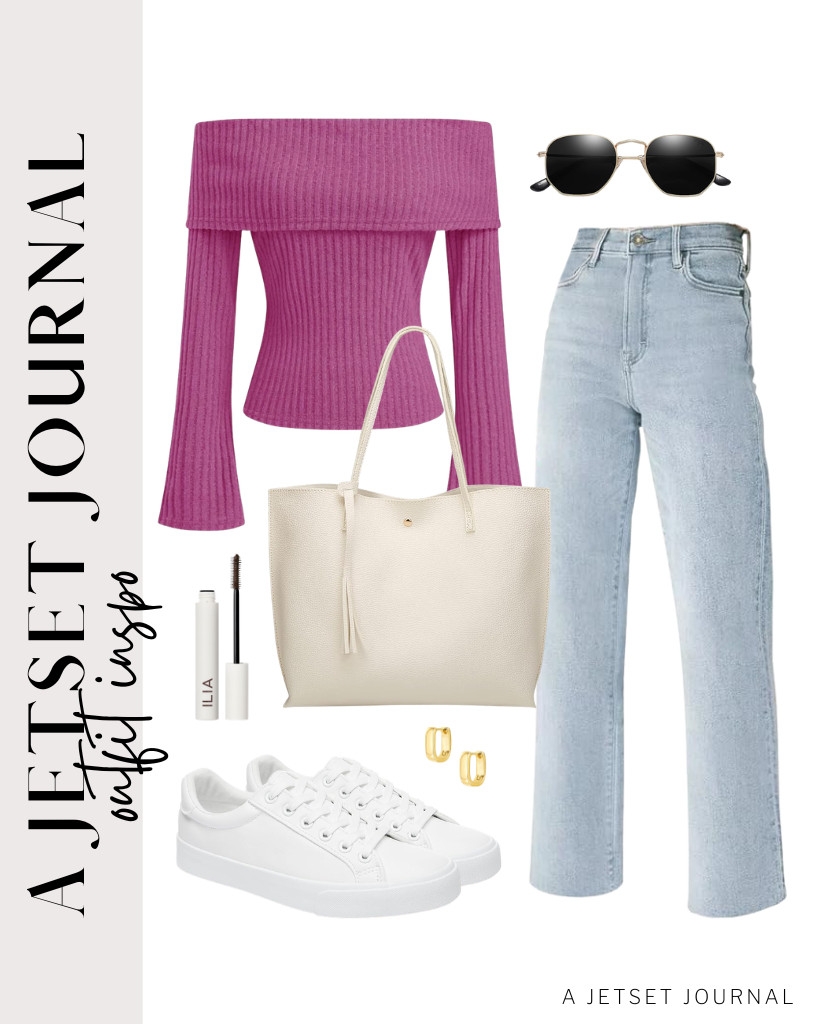 This cute pink off-the-shoulder top is also a perfect pair for KDF straight-leg jeans. This outfit goes with SERNIAL white tennis shoes and a Dreubea leather tote. Add a pair of small chunky hoop earrings and ILIA lash mascara. 

 #LTKSeasonal #LTKSaleAlert #LTKTravel