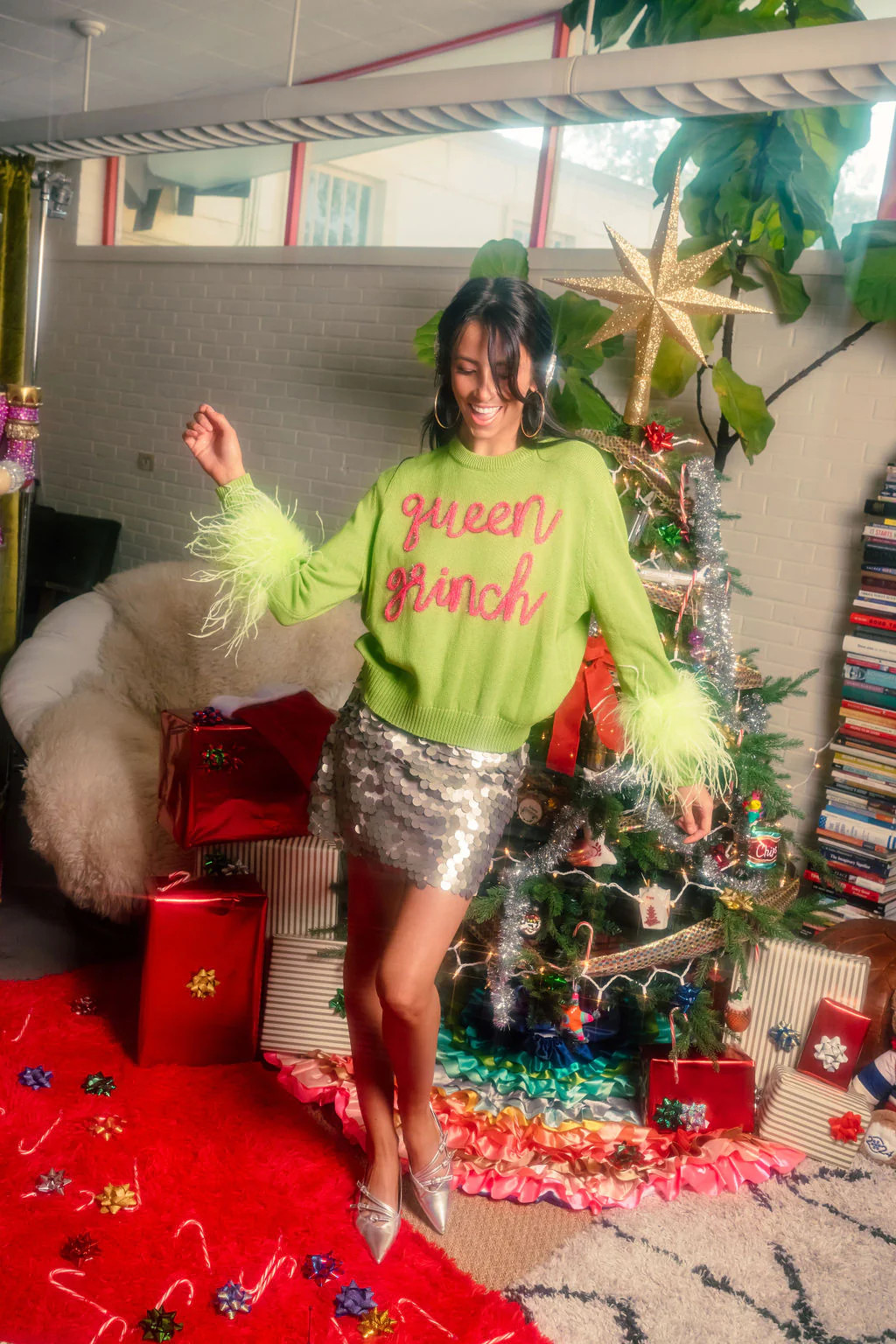 Green Queen Grinch Feather Sleeve Sweater | Queen of Sparkles