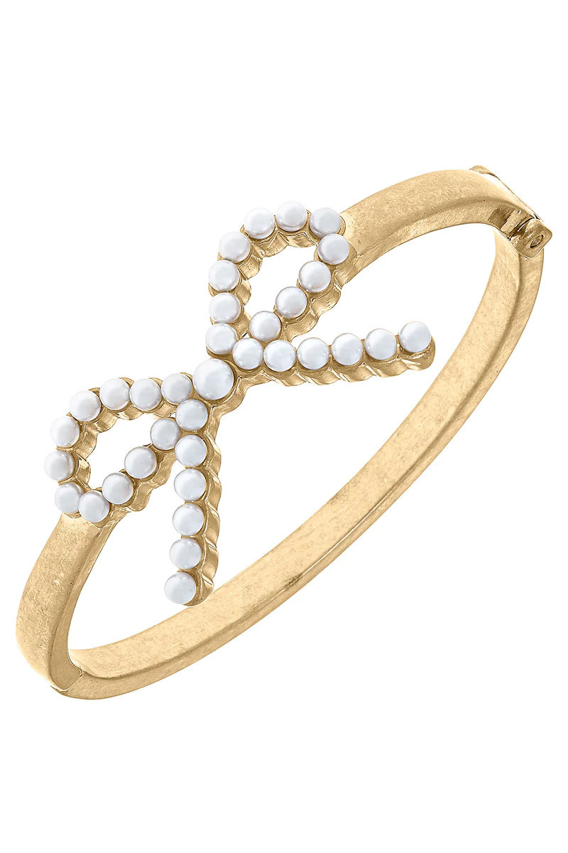 Kellie Pearl Bow Hinge Bangle in Worn Gold | CANVAS