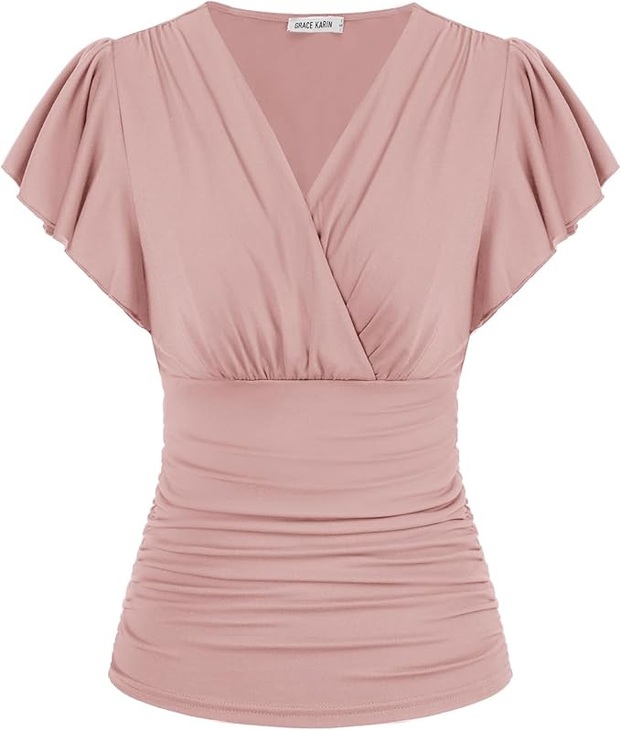 GRACE KARIN 2025 Womens Tops Summer Wrap Blouse V Neck Ruffle Sleeve Dressy Casual Top Ruched Tre... | Amazon (US)