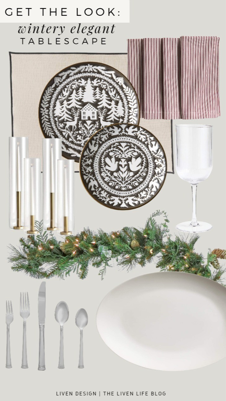 Christmas tablescape. Table setting. Holiday dining. Stoneware dinnerware. Christmas dinner plates. Ribbed wine glasses. Serving platter. Glass taper candle holders. Christmas napkins. Placemats. Flatware. Pre-lit Garland. 

#LTKHoliday #LTKHome #LTKSeasonal