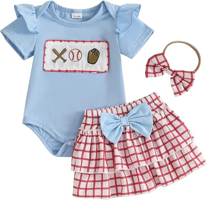Muasaaluxi Newborn Baby Girl Baseball Outfit Short Sleeve Ruffle Baseball Romper Plaid Tutu Skirt... | Amazon (US)