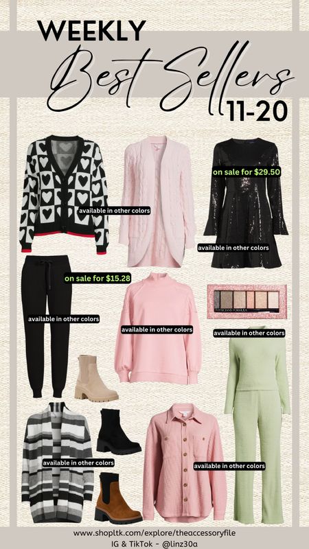 This past week’s 11-20 best sellers.

Valentine’s Day outfits, black and white heart cardigan, sequin dress, super soft joggers, mixed media sweatshirt, shimmer eyeshadow palette, Chelsea boots, waffle knit shirt jacket shacket, two piece set, Walmart fashion finds, Walmart must haves, winter outfits, teacher outfits  

#LTKstyletip #LTKSeasonal #LTKfindsunder50