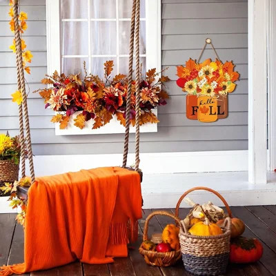 Hello Fall Wooden Door Sign – Farmhouse Maple Leaf Hanging Décor for Thanksgiving | Wayfair North America