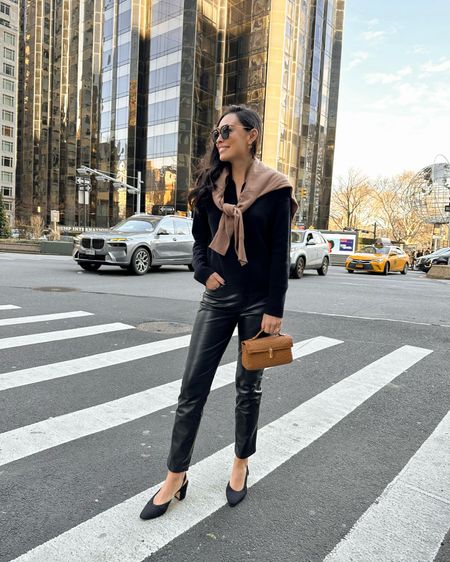 Kat Jamieson wears faux leather pants, a cashmere sweater, and Chanel slingbacks in NYC. Savette bag, it bag, fall outfit, spring outfit. 

#LTKshoecrush #LTKitbag #LTKSeasonal