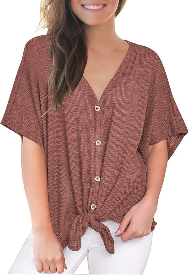 MIHOLL Womens Loose Blouse Short Sleeve V Neck Button Down T Shirts Tie Front Knot Casual Tops | Amazon (US)
