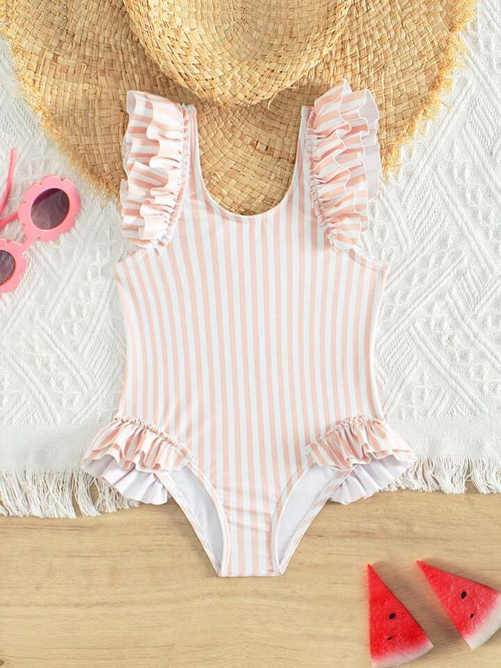 Baby Girls' Random Striped Ruffle Trimmed Swimsuit Bodysuit | SHEIN