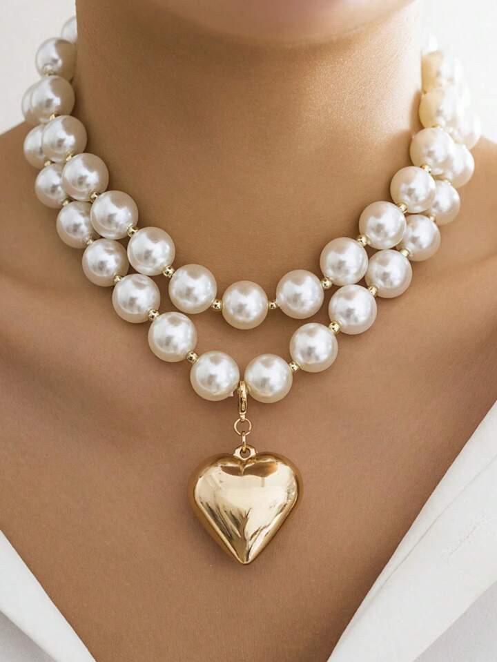 2 Pcs/Set Faux Pearl Heart-Shaped Pendant Detachable Choker Necklace, Fashion Beaded Necklace For... | SHEIN