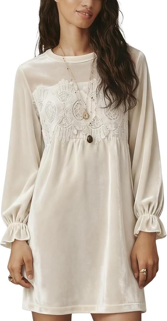 Huaqiao Womens A-Line Velvet Lace Overall Babydoll Mini Dress Casual Crew Neck Sheer Mesh Flared ... | Amazon (US)