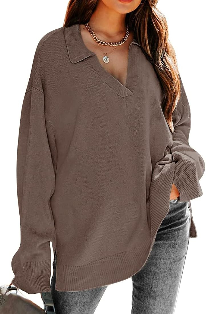 LILLUSORY Women's V Neck Collared Oversized Long Sleeve Knit Pullover Tunic Sweaters Top | Amazon (US)