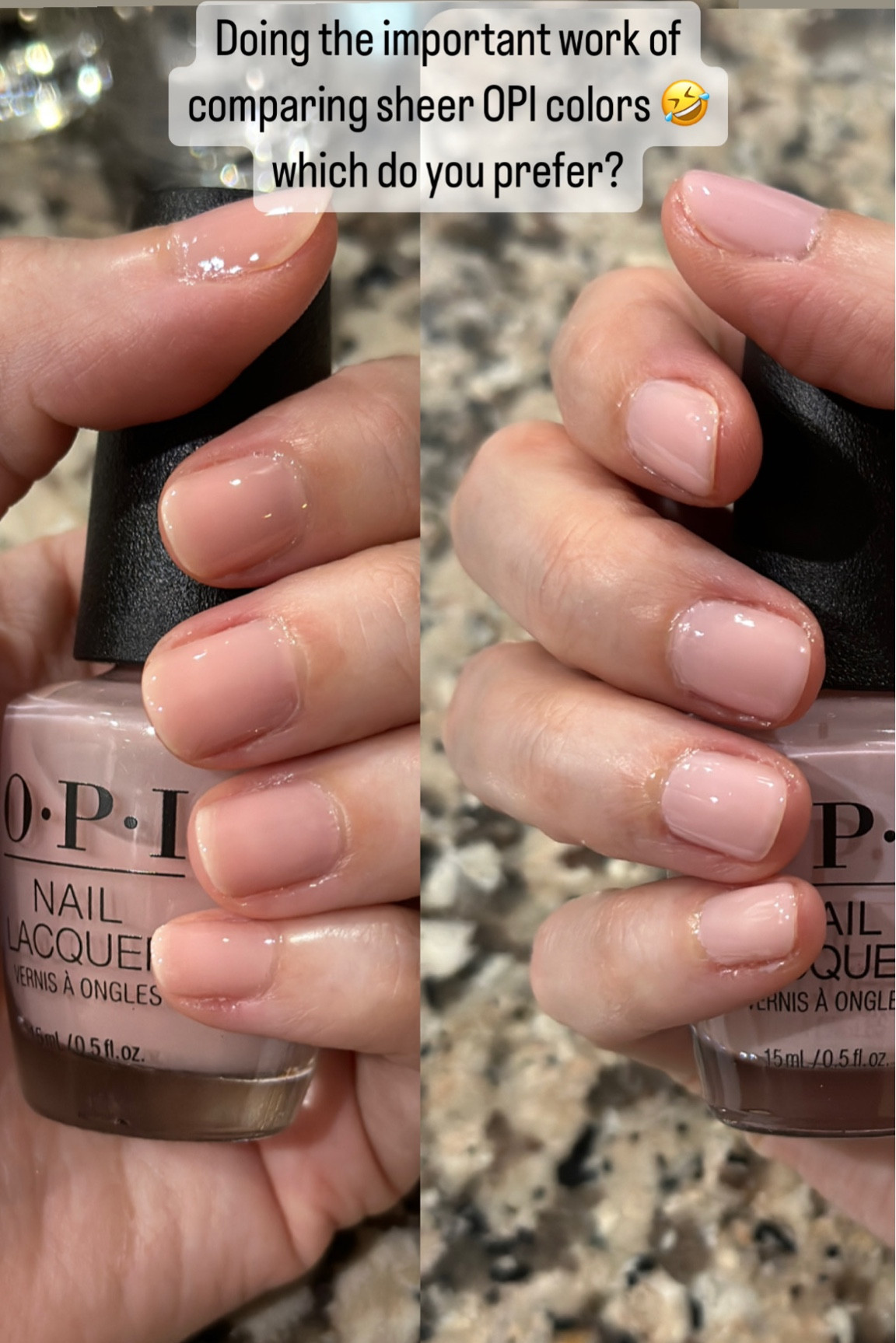Opi sheer milky color comparisons- love both for different reasons- left is Bare It All and Right is Put it in neutral 

#LTKbeauty #LTKFind #LTKSeasonal