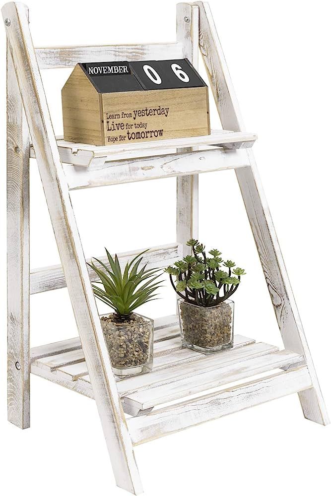 MyGift 2 Tier Rustic Whitewashed Solid Wood Freestanding Foldable Indoor Plant Stand, Decorative ... | Amazon (US)