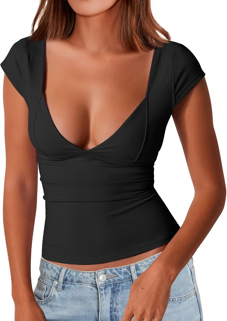 Trendy Queen Women's Sexy Deep V-Neck Backless Tops Short Sleeve Slim Fit T-Shirts Basic Y2K Tops... | Amazon (US)