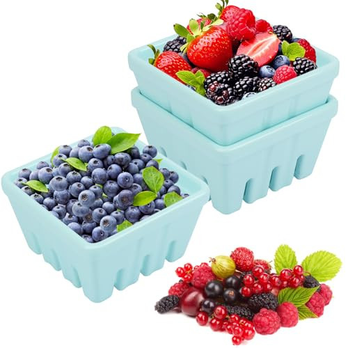 Yiksonyo 3 Pack Ceramic Berry Basket, 5.1 Inches Square Ceramic Fruit Bowls with Draining Holes, Blue Rustic Stoneware Berry Bowls for Strawberries, Grapes, Cherries & More | Amazon (US)
