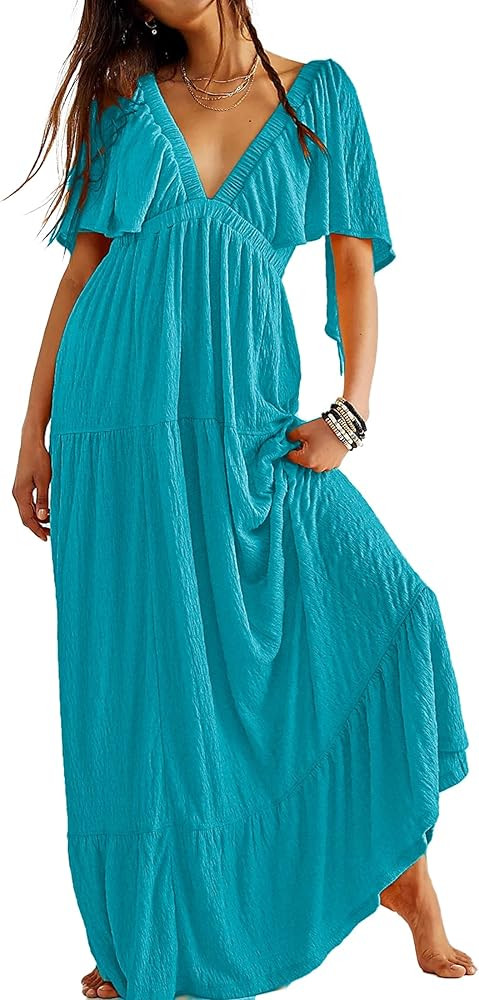 Women Summer Dresses Sexy V-Neck Maxi Dress Tiered Silhouette with Flutter Sleeve Backless Elasti... | Amazon (US)