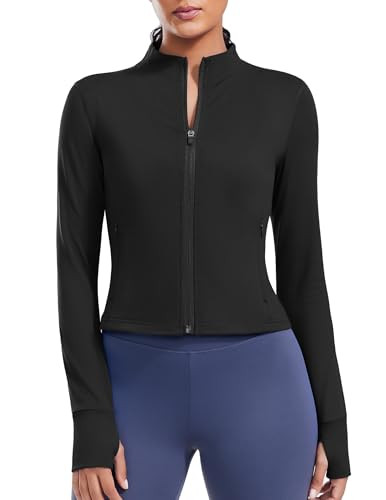PINSPARK Women's Running Workout Athletic Jackets Lightweight Long Sleeve Yoga Jacket Cropped Zip Up Active Jacket with Pockets Black XXL | Amazon (US)