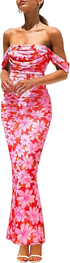 PRETTYGARDEN Women's Floral Maxi Dress 2025 Summer Off Shoulder Mesh Elegant Cocktail Party Ruche... | Amazon (US)