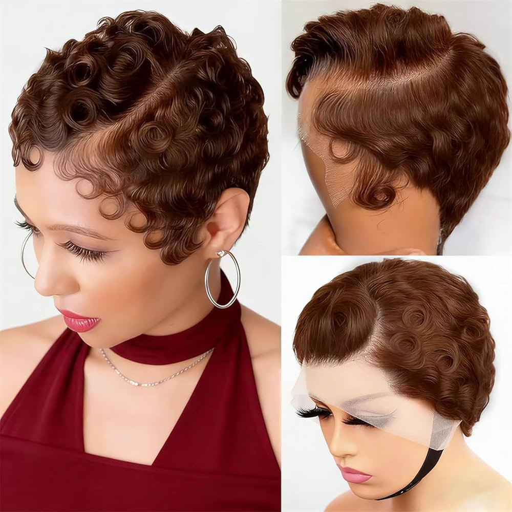 Brown Curly Wavy Pixie Cut Wig 13x4 HD Lace Front 100% Human Hair Wigs, Chocolate Brown Short Cur... | Amazon (US)