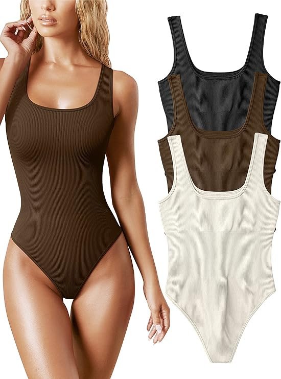 OQQ Women's 3 Piece Bodysuits Sexy Ribbed Sleeveless Square Neck Sleeveless Tank Tops Bodysuits | Amazon (US)