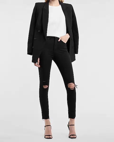 High Waisted Black Ripped Raw Hem Supersoft Skinny Jeans | Express